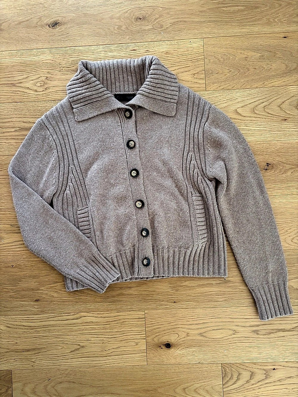 Zara Cable Knit Collared Cardigan in Brown